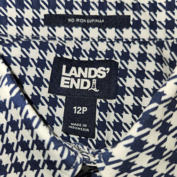 Lands End Womens Houndstooth Button-Up Shirt 12P Long Sleeve 100% Cotton Navy/Wh - Picture 3 of 6